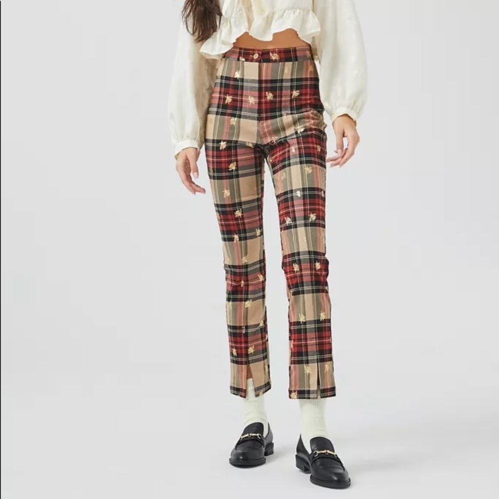 UO Tessa Plaid Notched Pant - Honeybee - neutral multi